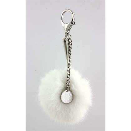 Key Chain - 12 PCS - Rabbit Fur Pom Pom w/ Metal Disc - White - KC-YQ003WT